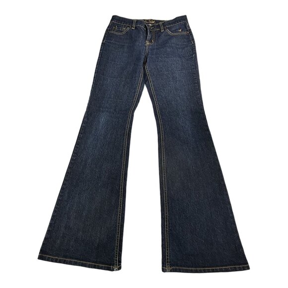 Grane Flare Leg Jeans Juniors Sz 5 Dark wash Wide Leg Distressed Hem - Picture 1 of 11